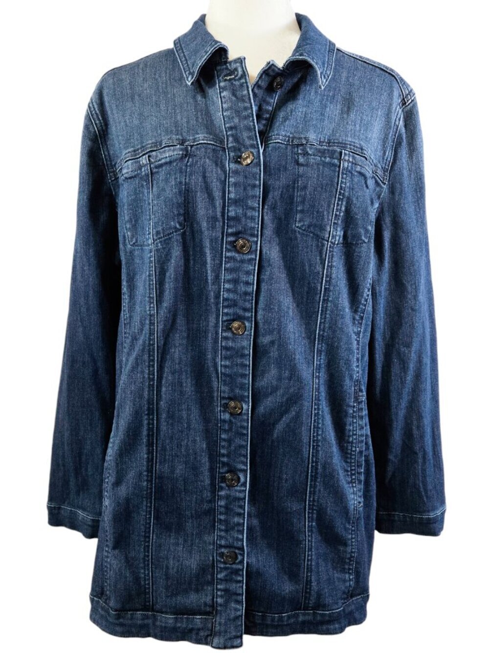 Chico's Dark Wash Denim Button-Up Jacket Capsule Classic Longline Stretch